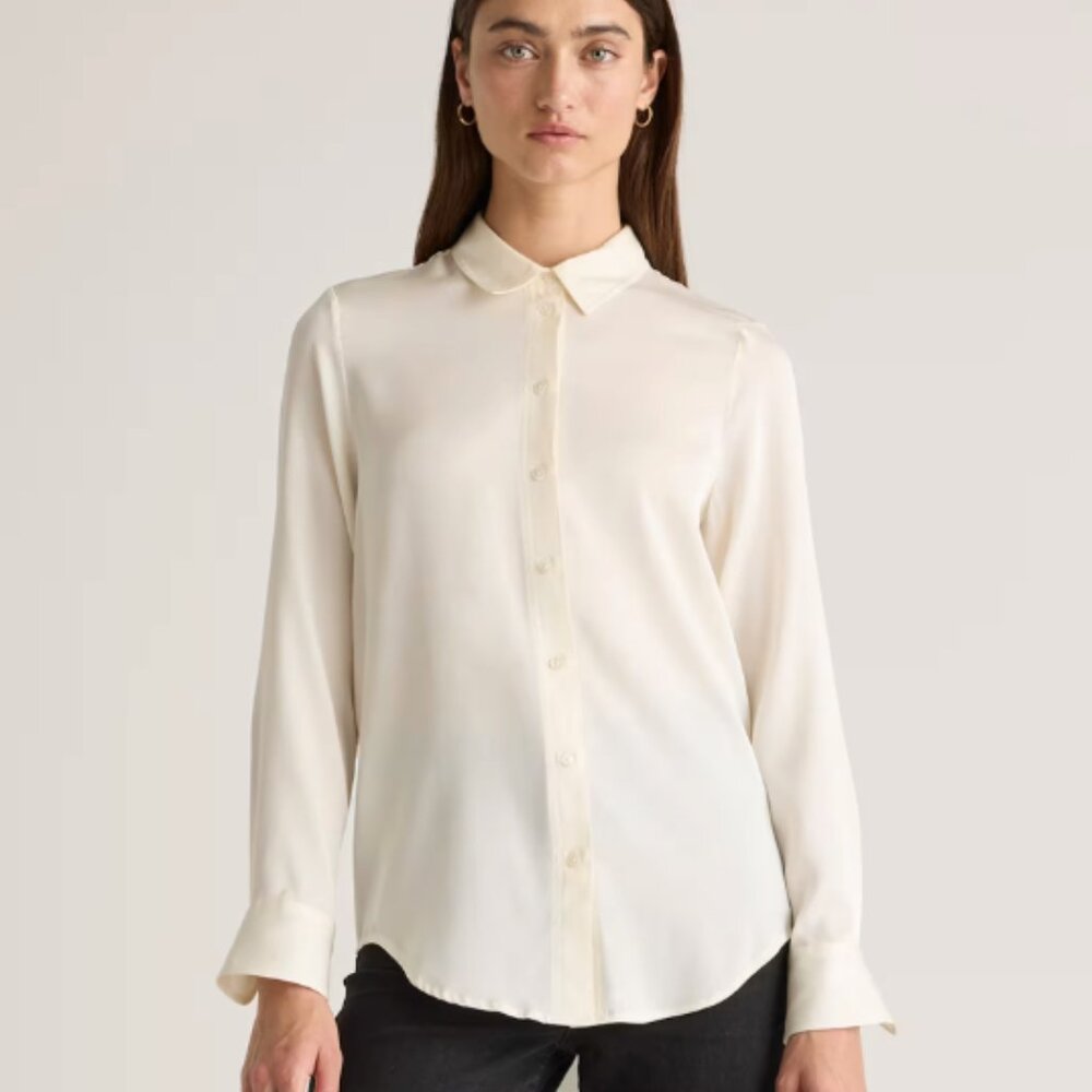 NWT Quince Washable Stretch Silk Blouse in IVORY - Size L